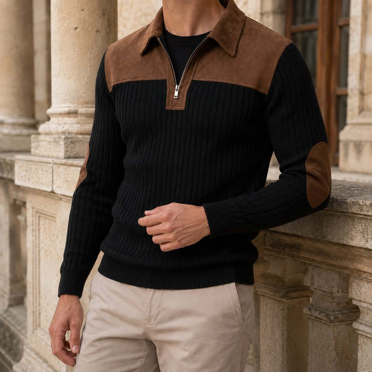 Quarter Zip Strickpullover Mit Kontrastpasse