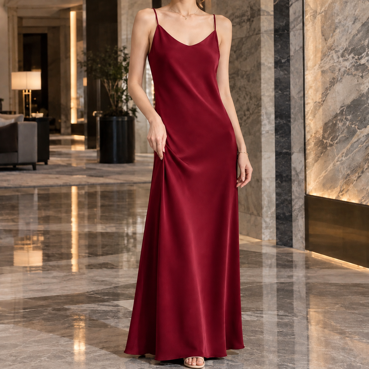 Damen Satin Slipdress Mit V Ausschnitt