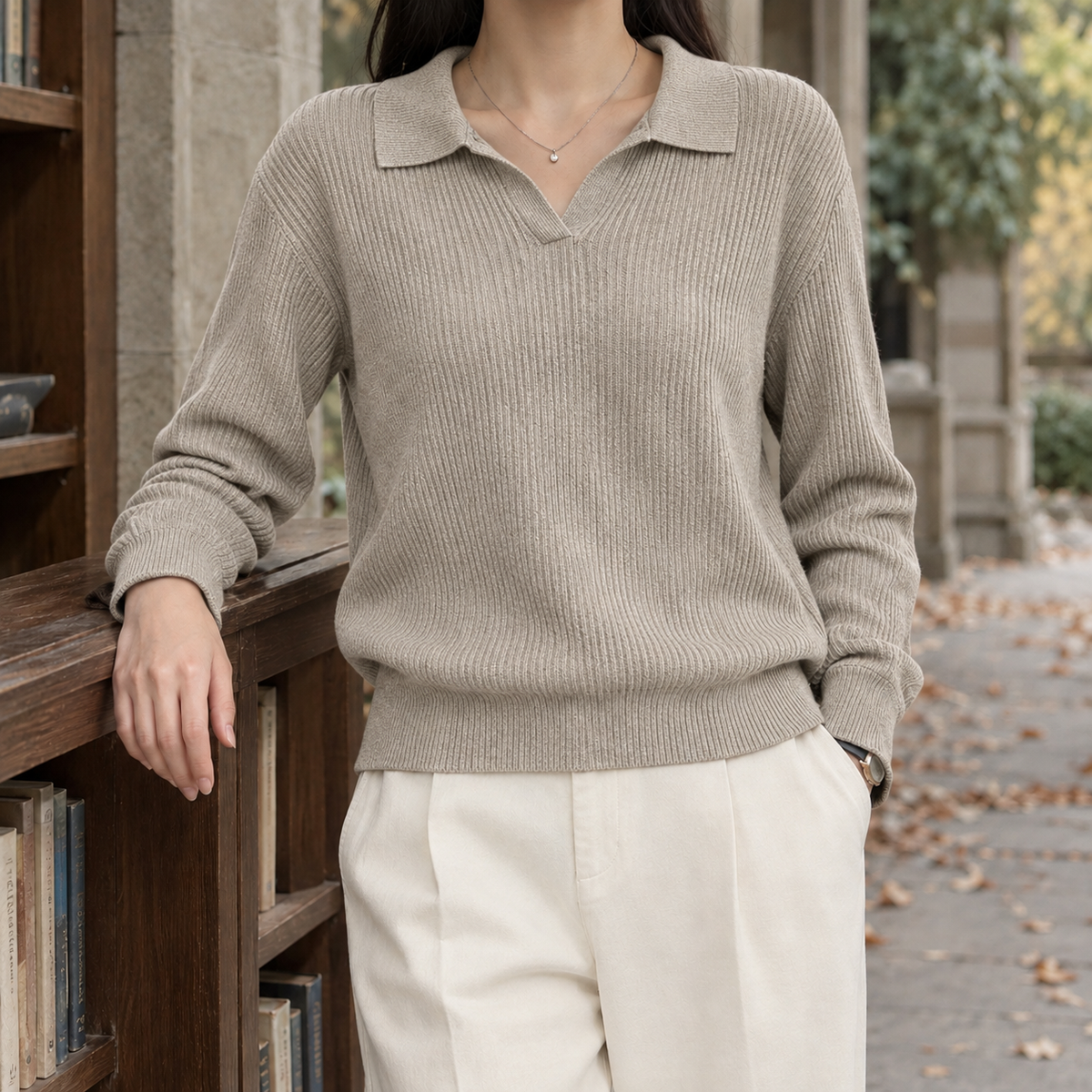 Damen Rippenpullover Mit Polokragen