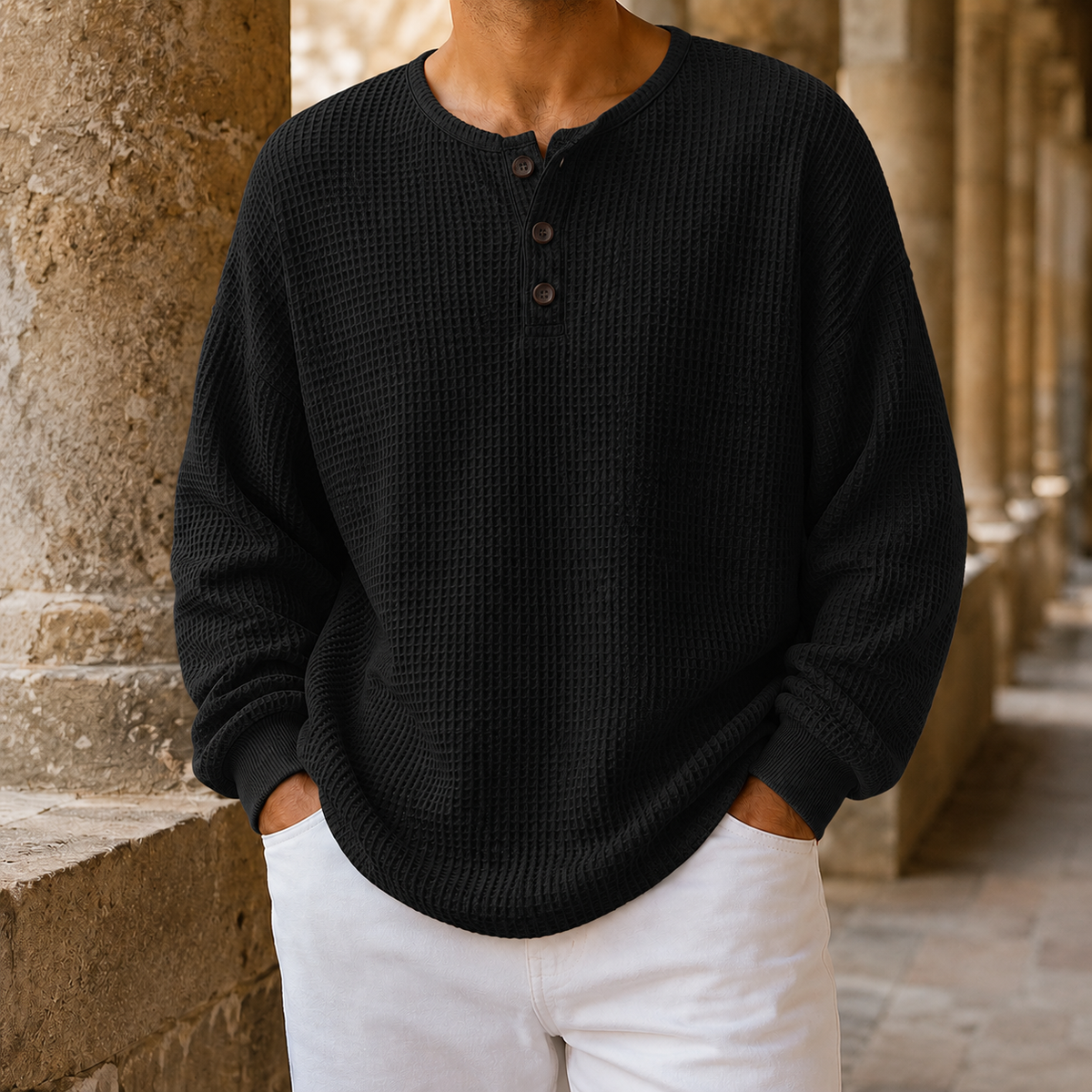 Waffelstrickpullover Mit Henley Ausschnitt