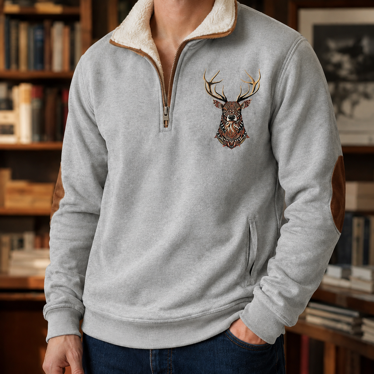 Herren-Strickpullover mit Viertelreissverschluss in einer vollständigen Produktansicht