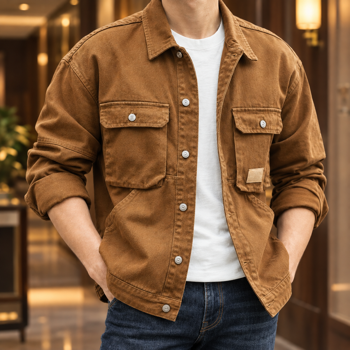 Rückansicht der Utility-Jacke aus Denim mit klassischem Jackenschnitt