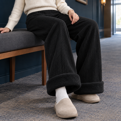 Detailaufnahme des weichen Chenille-Stoffs der Hose
