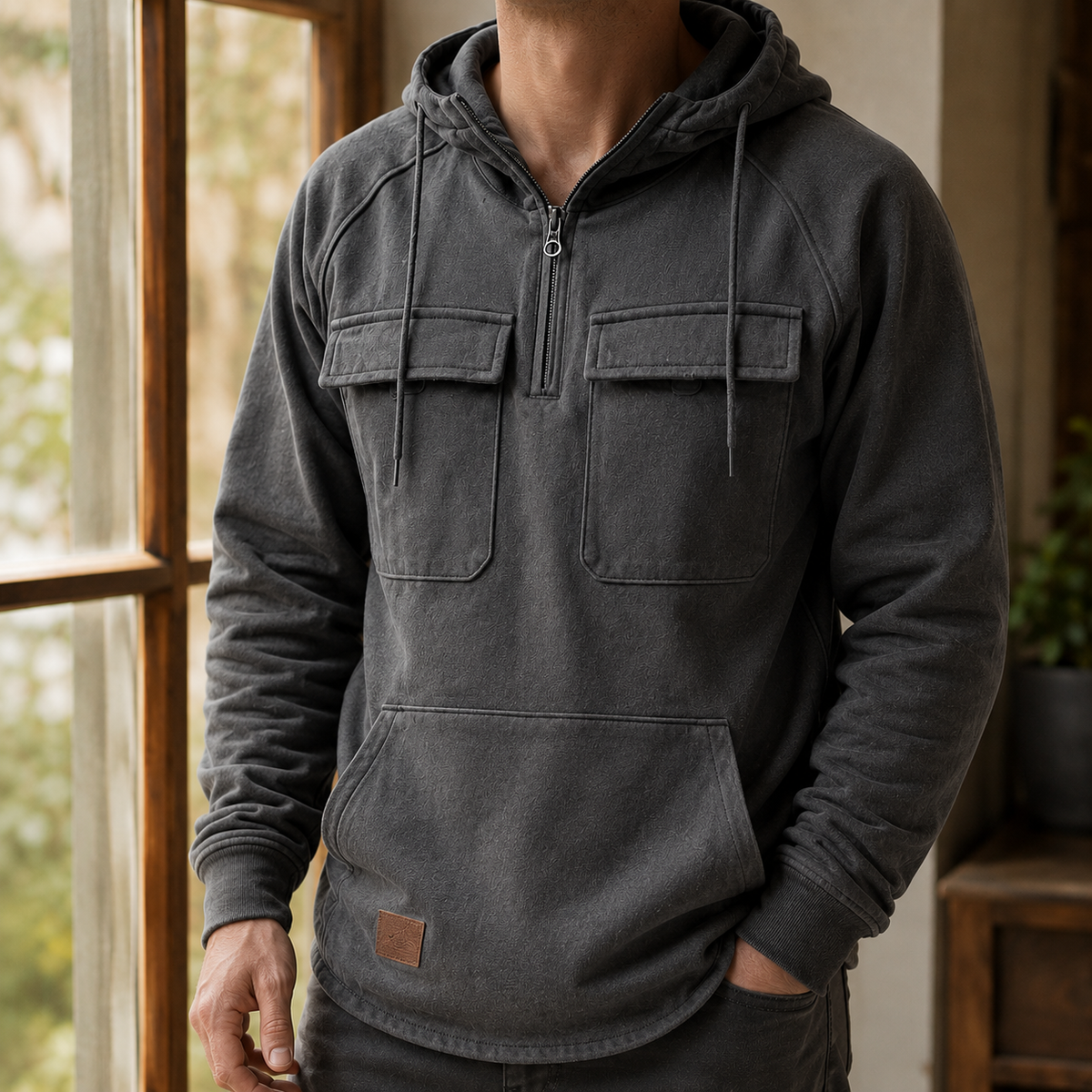 Utility Hoodie Aus Baumwollmix Mit Halbzip Grau