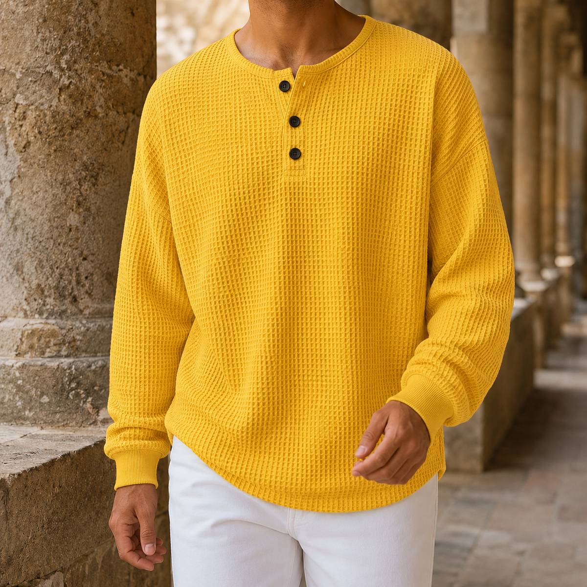 Waffelstrickpullover Mit Henley Ausschnitt