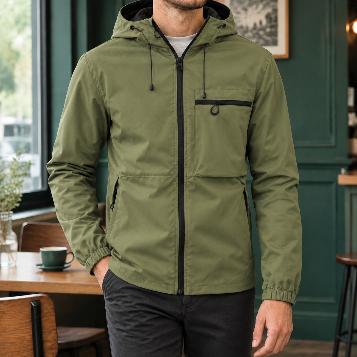 Kapuzenjacke Aus Glattem Webstoff