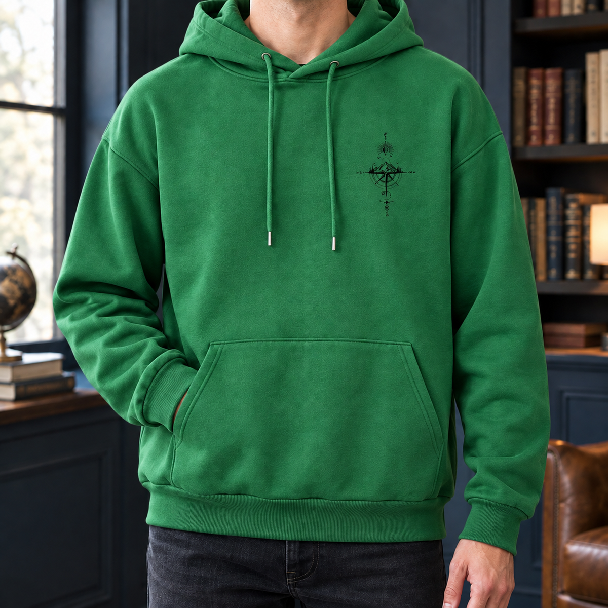 Rückansicht des Herren Hoodies mit lässigem Outdoor-Stil