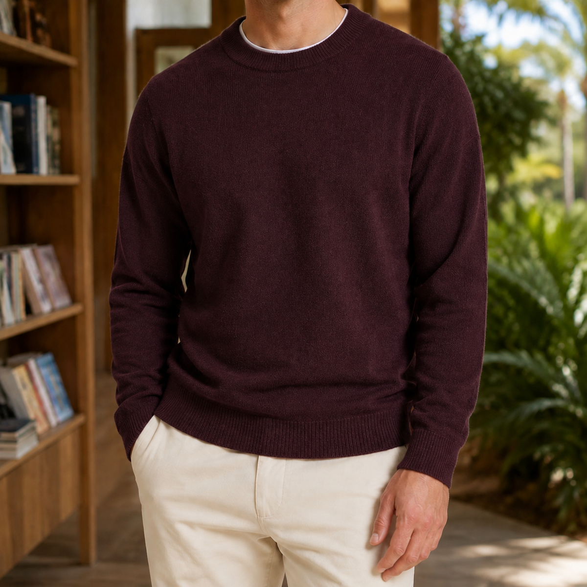 Nahaufnahme der hochwertigen Verarbeitung am Feinstrickpullover