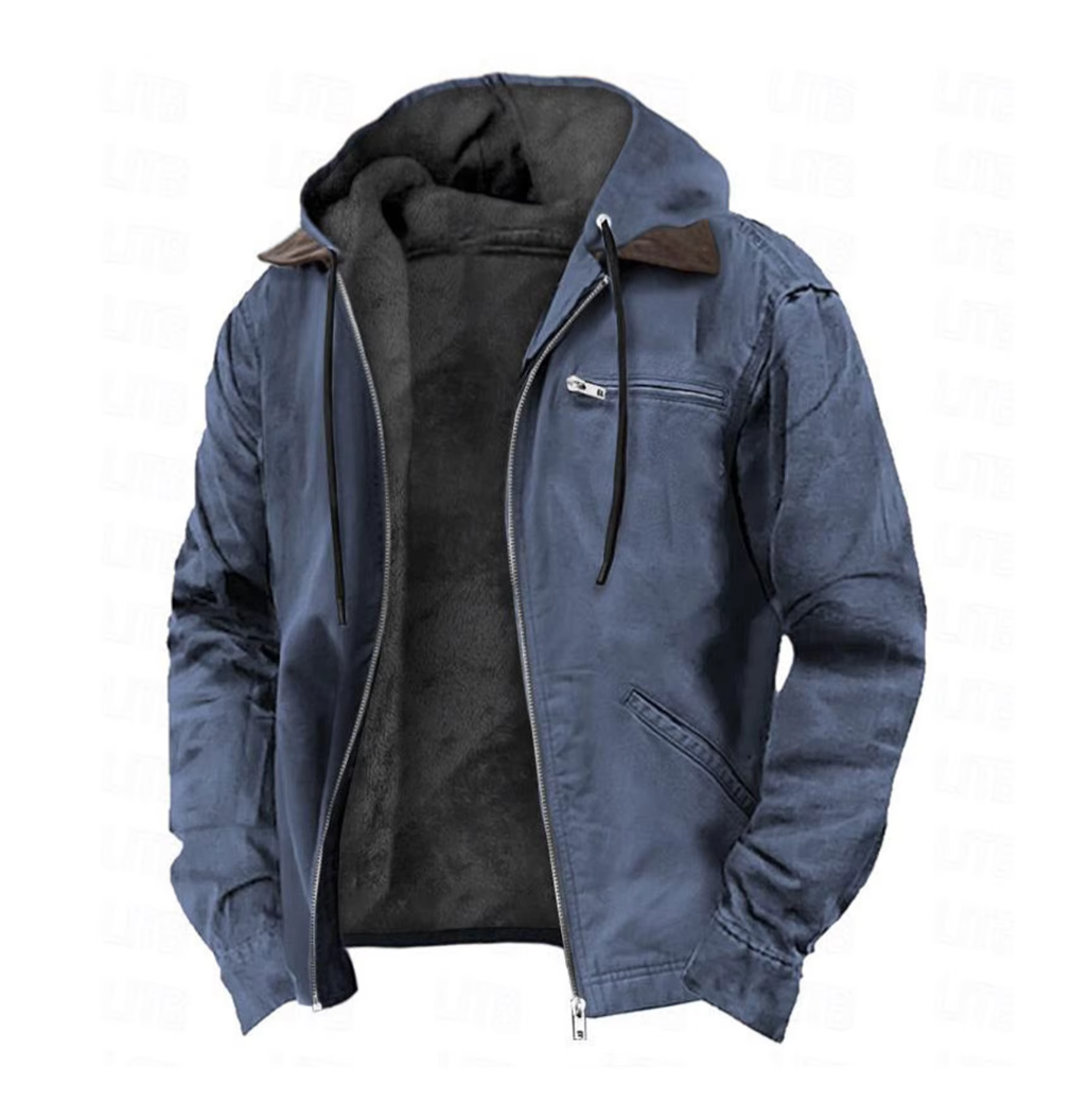 Blaue Herrenjacke mit Kapuze, Reißverschluss und Brusttasche. Modische Übergangsjacke, ideal für Herbst und Frühling. Bequemer, lässiger Stil.
