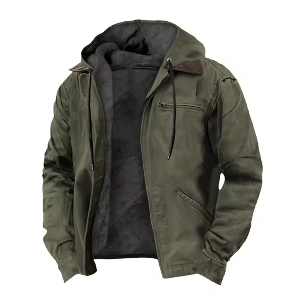 Olivgrüne Herrenjacke mit Kapuze, Reißverschluss und mehreren Taschen, ideal für Outdoor-Aktivitäten. Robustes Design, warm gefüttert.