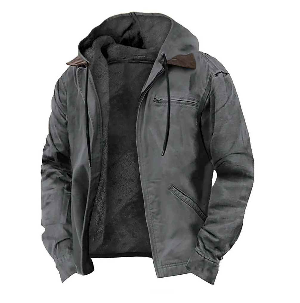 Graue Herren-Winterjacke mit Kapuze, Reißverschluss und Fleece-Innenfutter. Ideal für kaltes Wetter, stilvoll und warm. Perfekt für Outdoor-Aktivitäten.