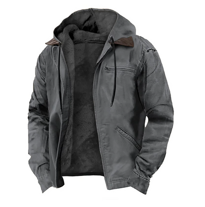 Graue Herren-Winterjacke mit Kapuze, Reißverschluss und Fleece-Innenfutter. Ideal für kaltes Wetter, stilvoll und warm. Perfekt für Outdoor-Aktivitäten.