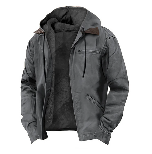Graue Herren-Winterjacke mit Kapuze, Reißverschluss und Fleece-Innenfutter. Ideal für kaltes Wetter, stilvoll und warm. Perfekt für Outdoor-Aktivitäten.