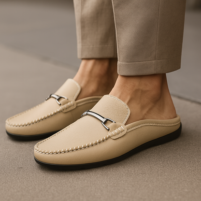 Men's Slip-On Shoes Made of Hand-Sewn Leather with Cushioned Insole and Rubber Sole
