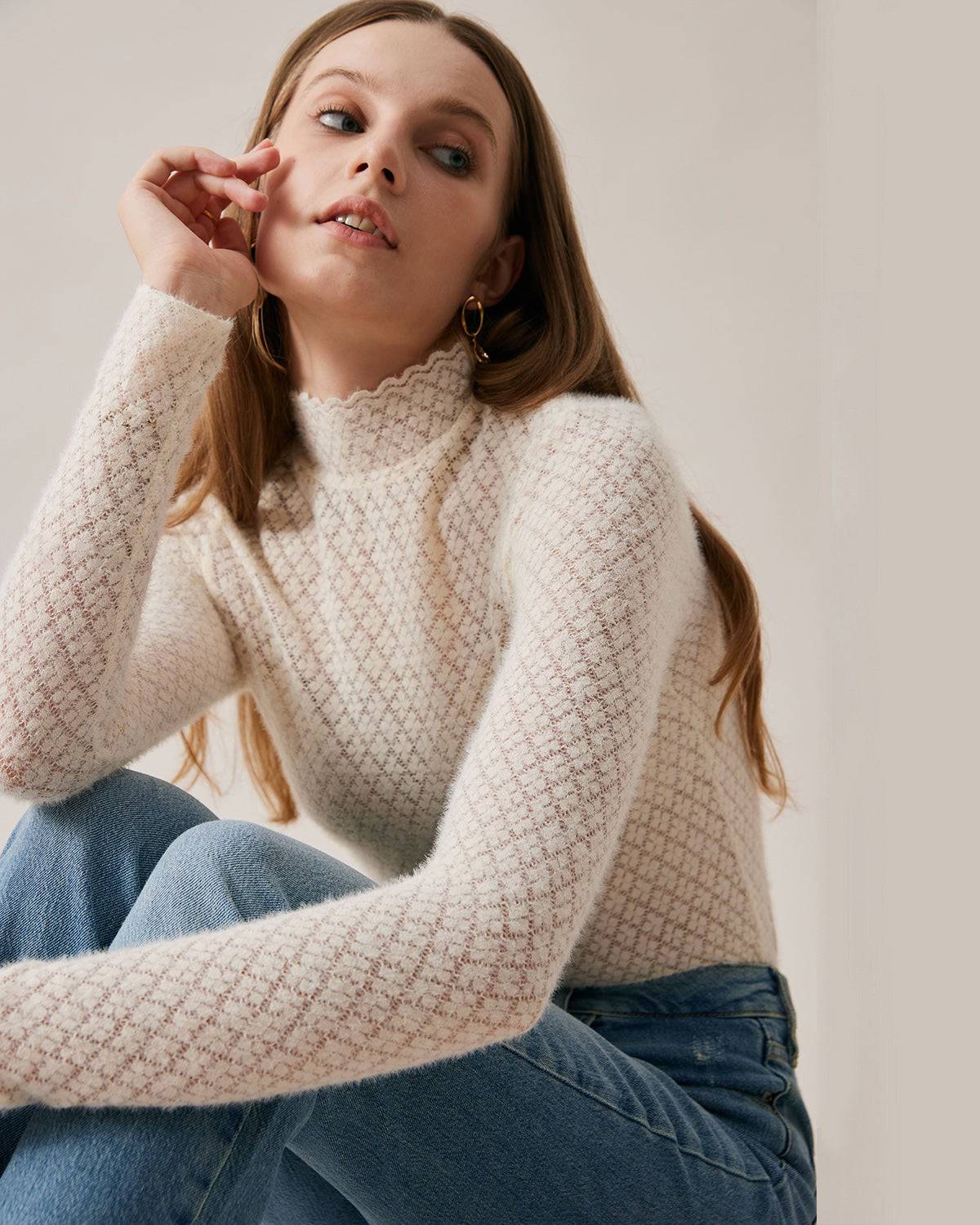 Damen Strickoberteil Mit Stehkragen, Spitzen-Detail Und Transparenter Optik
