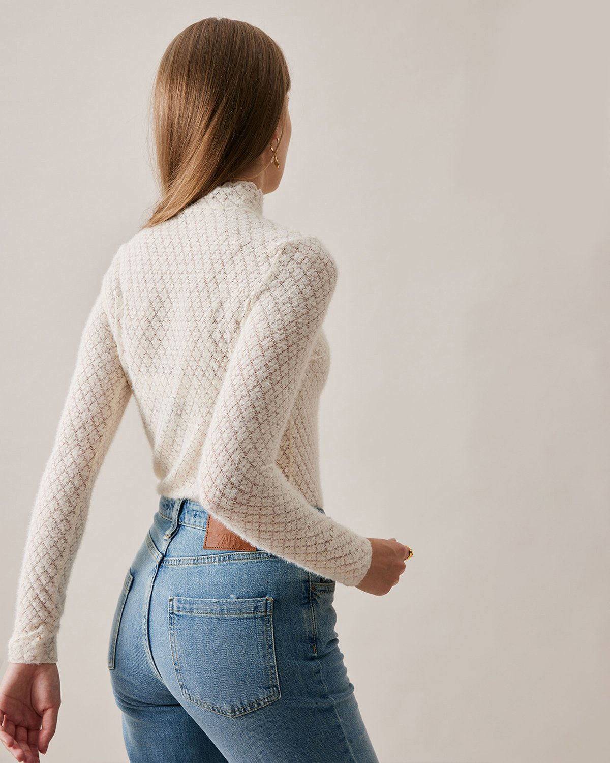 Damen Strickoberteil Mit Stehkragen, Spitzen-Detail Und Transparenter Optik