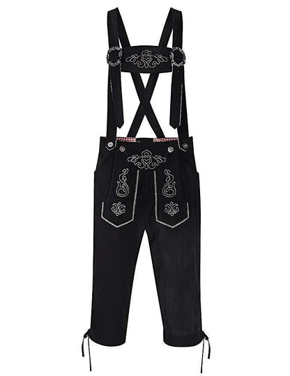 Schwarze Lederhose mit Hosenträgern und traditioneller Stickerei, bayerische Tracht, Oktoberfestmode, Herrenbekleidung, Trachtenhose.