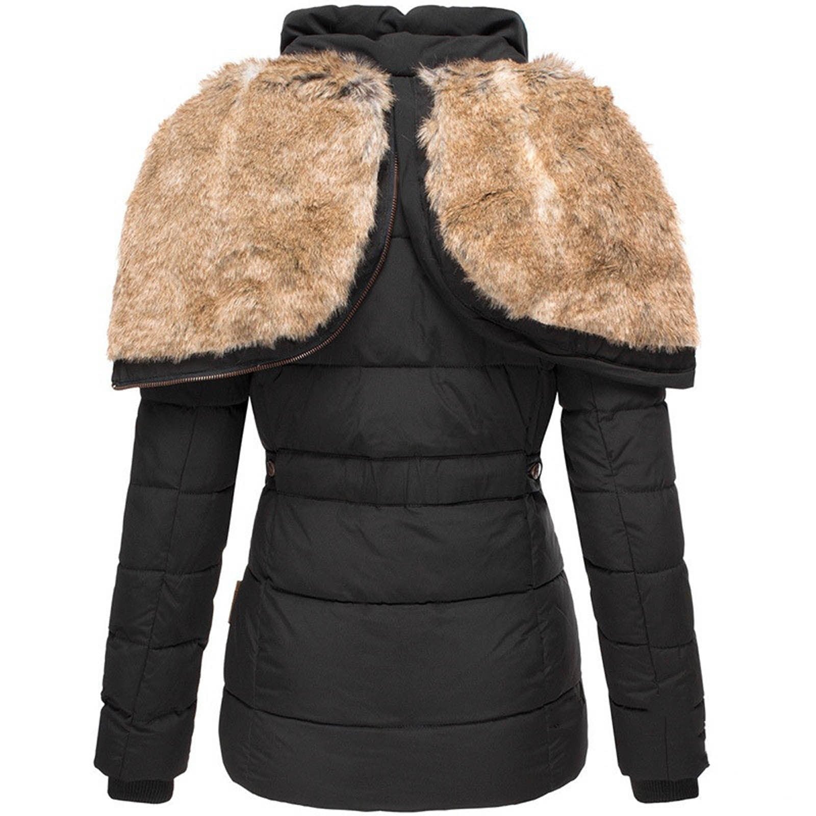 Schwarze Damen-Winterjacke mit Kapuze und Kunstfell-Schulterbesatz, warm gefüttert, modisch, ideal für kalte Temperaturen, stilvoll und funktional.