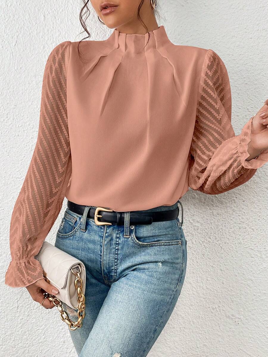 Women's spring blouse with pleated sleeves and slim fit
