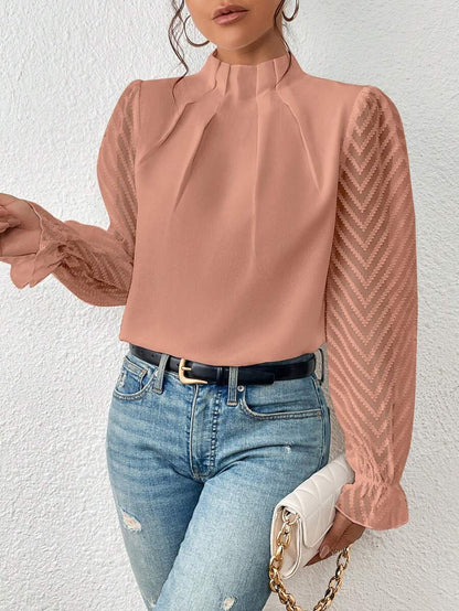 Women's spring blouse with pleated sleeves and slim fit