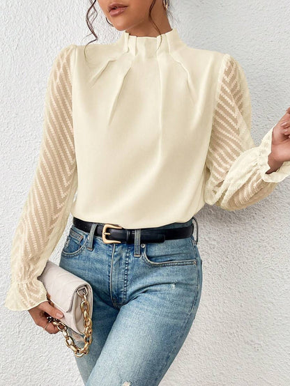 Women's spring blouse with pleated sleeves and slim fit