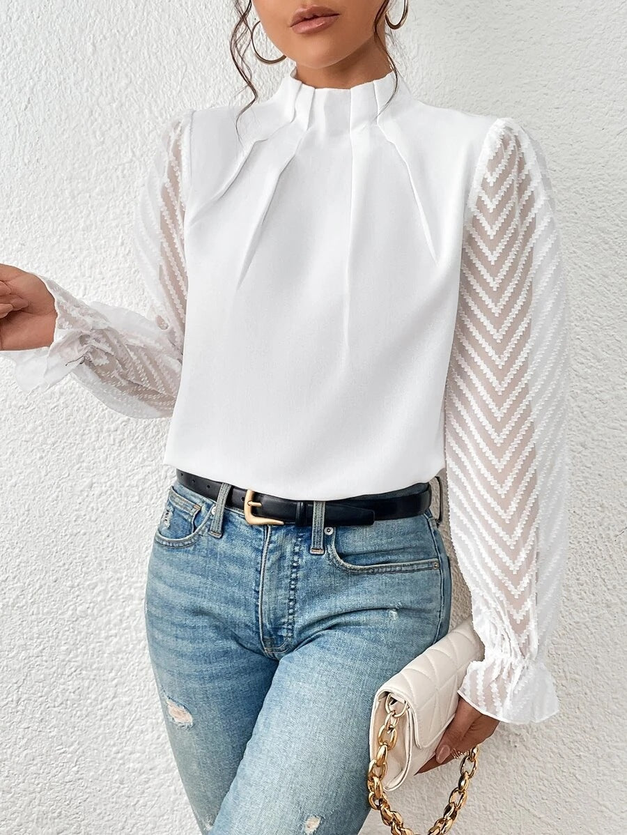 Women's spring blouse with pleated sleeves and slim fit