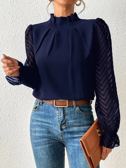 Women's spring blouse with pleated sleeves and slim fit