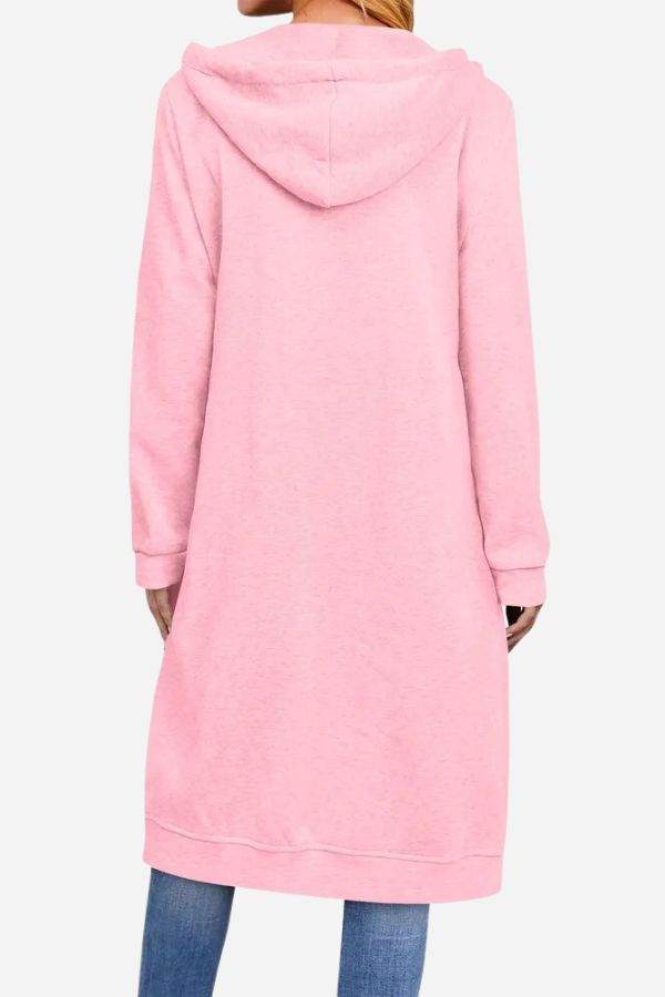 Damen Kapuzenpullover in Rosa, lang geschnitten, aus weichem Material. Perfekt für Freizeit und Komfort. Modetrend 2023, bequeme Damenmode.