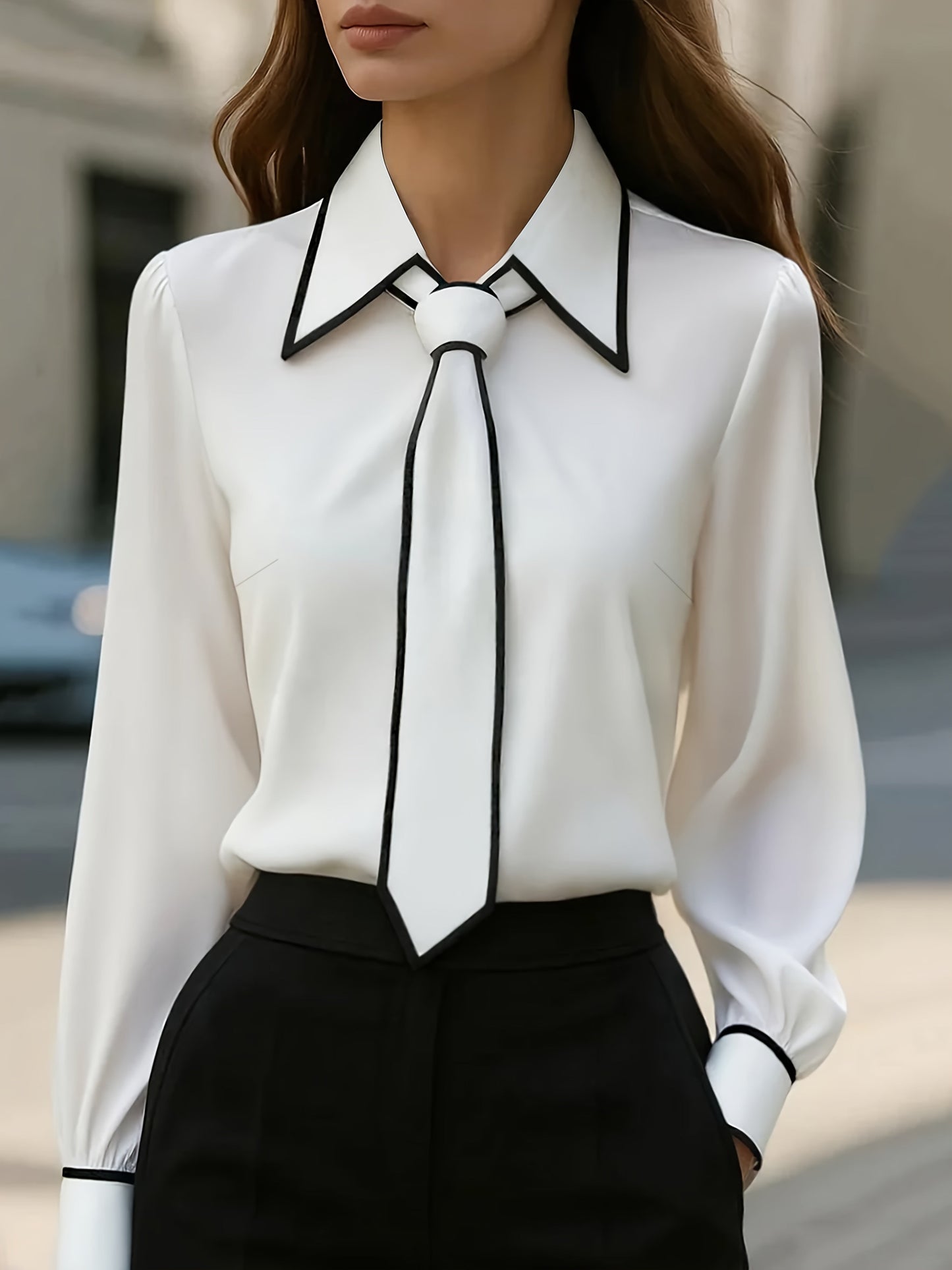 Damen Bluse mit Kontrastkrawatte und Knopfleiste
