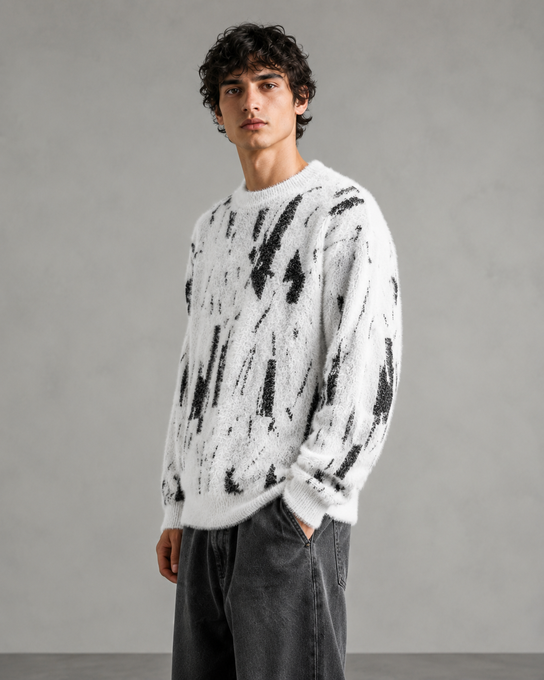 Herren-Strickpullover mit abstraktem Muster und flauschiger Struktur