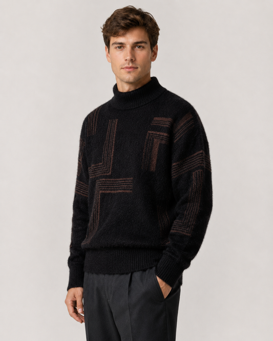 Herren Flauschiger Strickpullover mit geometrischen Linien in der Vorderansicht