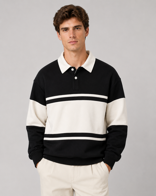 Herren Rugby-Polo-Pullover mit Farbblockdesign in der Vorderansicht