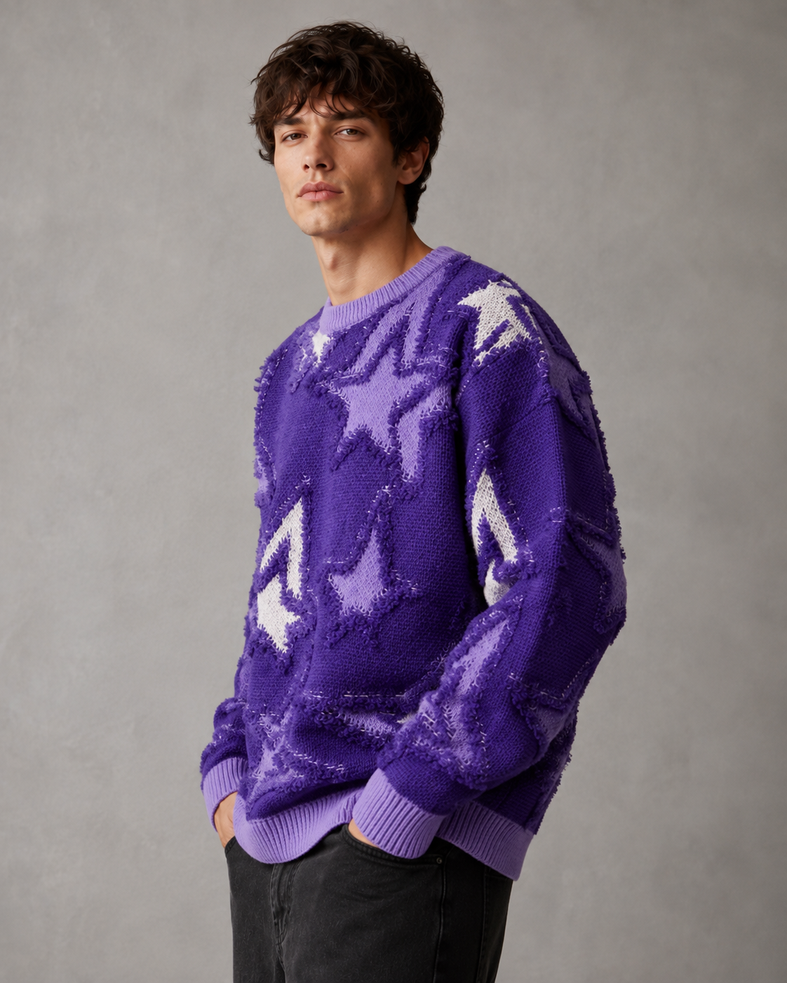 Rückansicht des strukturierten Herrenpullovers im Streetwear-Stil