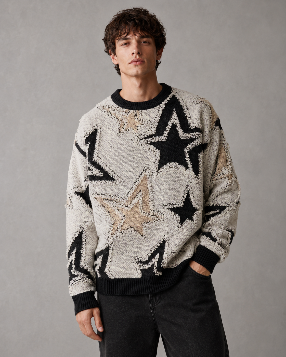 Herren-Strickpullover mit strukturiertem Sternenmuster auf der Vorderseite