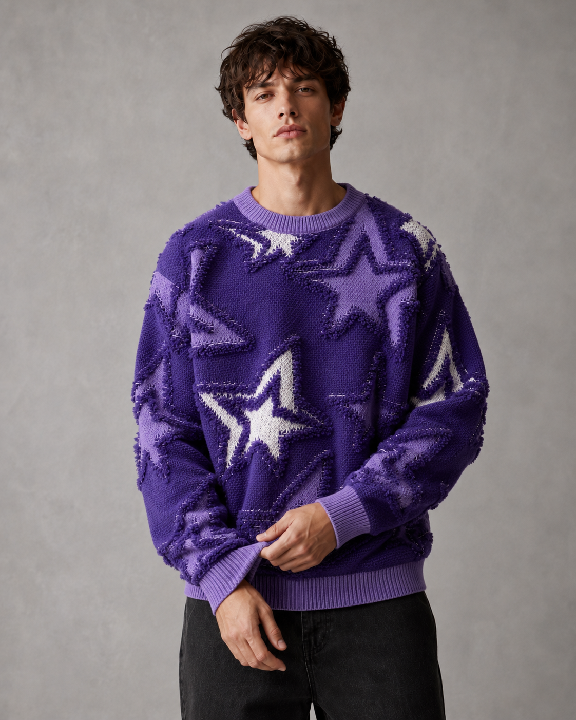 Detail des gerippten Abschlusses am Herrenpullover mit Sternenmuster