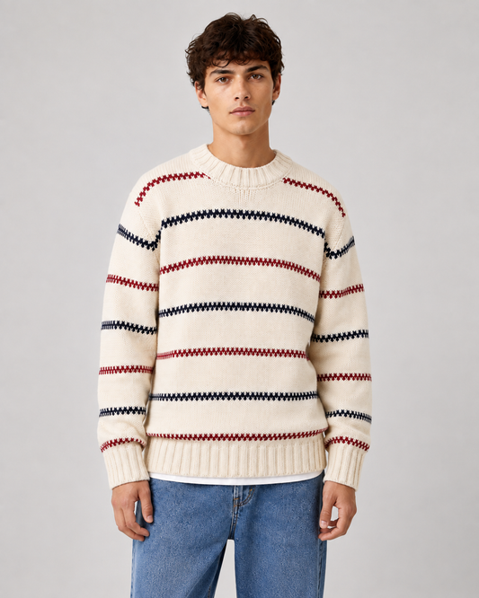 Gestreifter Herren-Strickpullover mit klassischem Rundhalsausschnitt