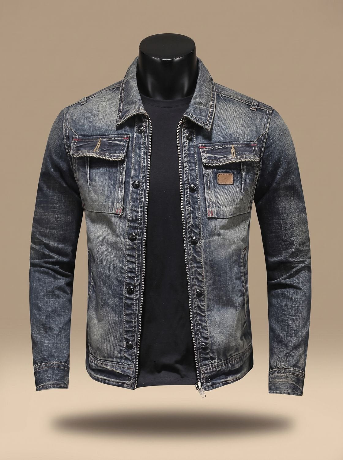 Herren-Jeansjacke mit Vintage-Waschung und Doppelverschluss von vorne