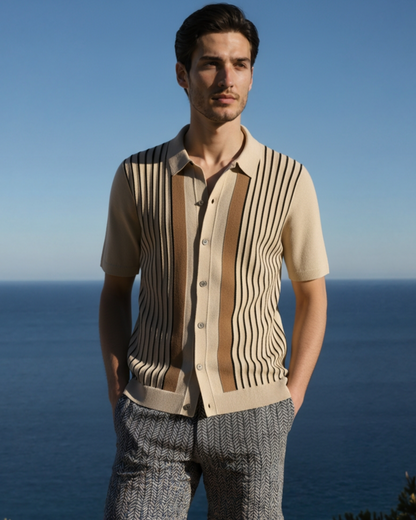 Men's summer knitted short-sleeve shirt with vertical stripes in beige