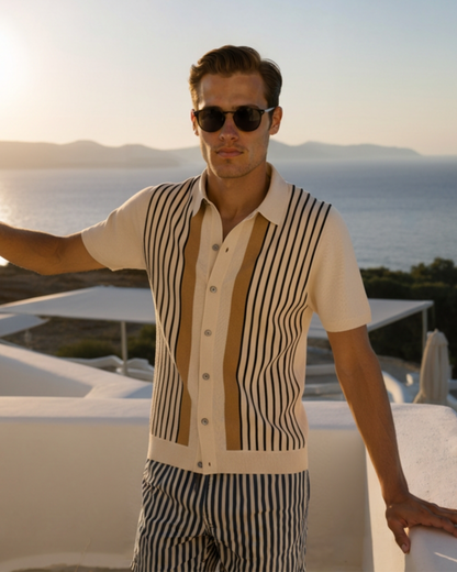 Men's summer knitted short-sleeve shirt with vertical stripes in beige