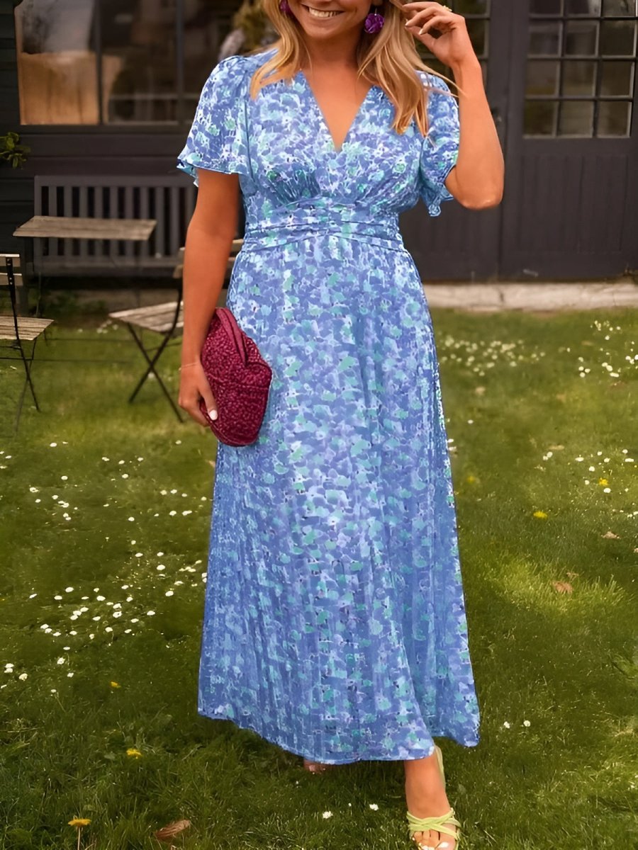 Damen Sommerkleid mit Blumenmuster – V Ausschnitt Empire Taille