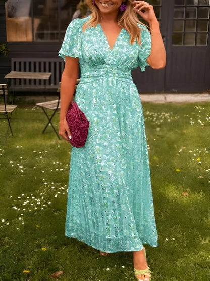 Damen Sommerkleid mit Blumenmuster – V Ausschnitt Empire Taille