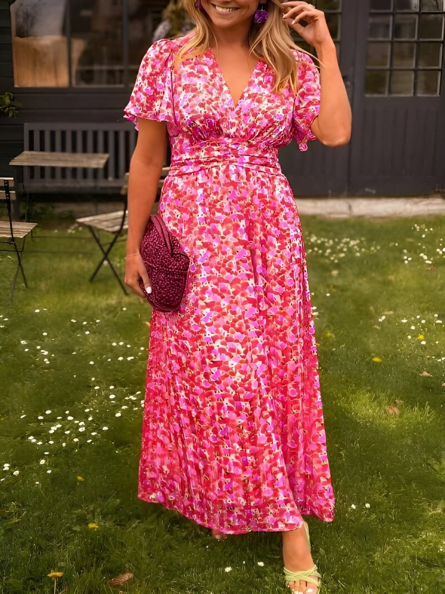 Damen Sommerkleid mit Blumenmuster – V Ausschnitt Empire Taille