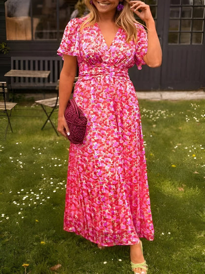Damen Sommerkleid mit Blumenmuster – V Ausschnitt Empire Taille