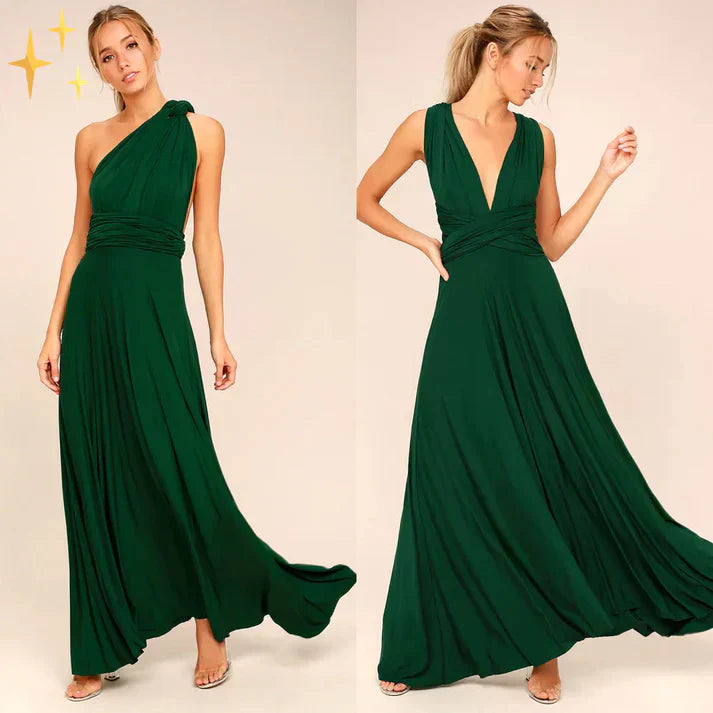 Zwei elegante, grüne Abendkleider mit fließendem Stoff, eines schulterfrei, das andere mit V-Ausschnitt. Perfekt für formelle Anlässe.