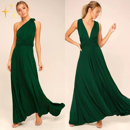 Zwei elegante, grüne Abendkleider mit fließendem Stoff, eines schulterfrei, das andere mit V-Ausschnitt. Perfekt für formelle Anlässe.