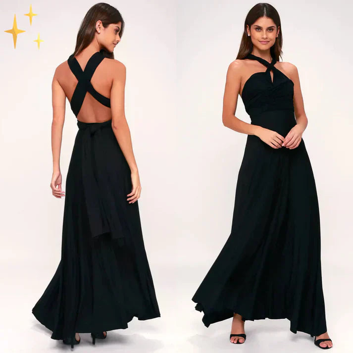 Schwarzes Abendkleid mit Neckholder und Kreuzträgern, elegantes Design, bodenlang, ideal für formelle Anlässe, Damenmode, stilvoll und zeitlos.