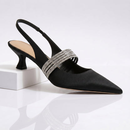 Damen-Pumps Mit Spitzer Zehenpartie, Kitten Heels, Slingback-Riemen Und Strassriemen