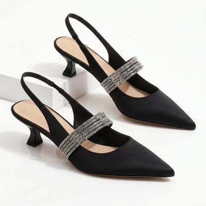 Damen-Pumps Mit Spitzer Zehenpartie, Kitten Heels, Slingback-Riemen Und Strassriemen