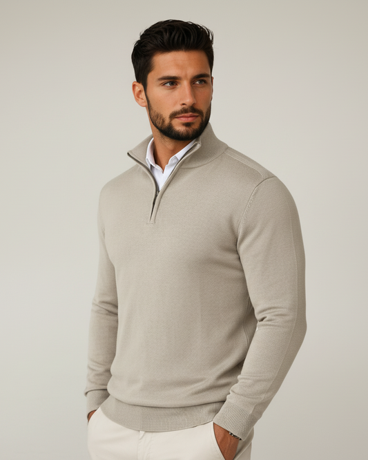 Herren-Pullover mit Viertelreißverschluss, strukturiertem Kragen und gerippten Abschlüssen