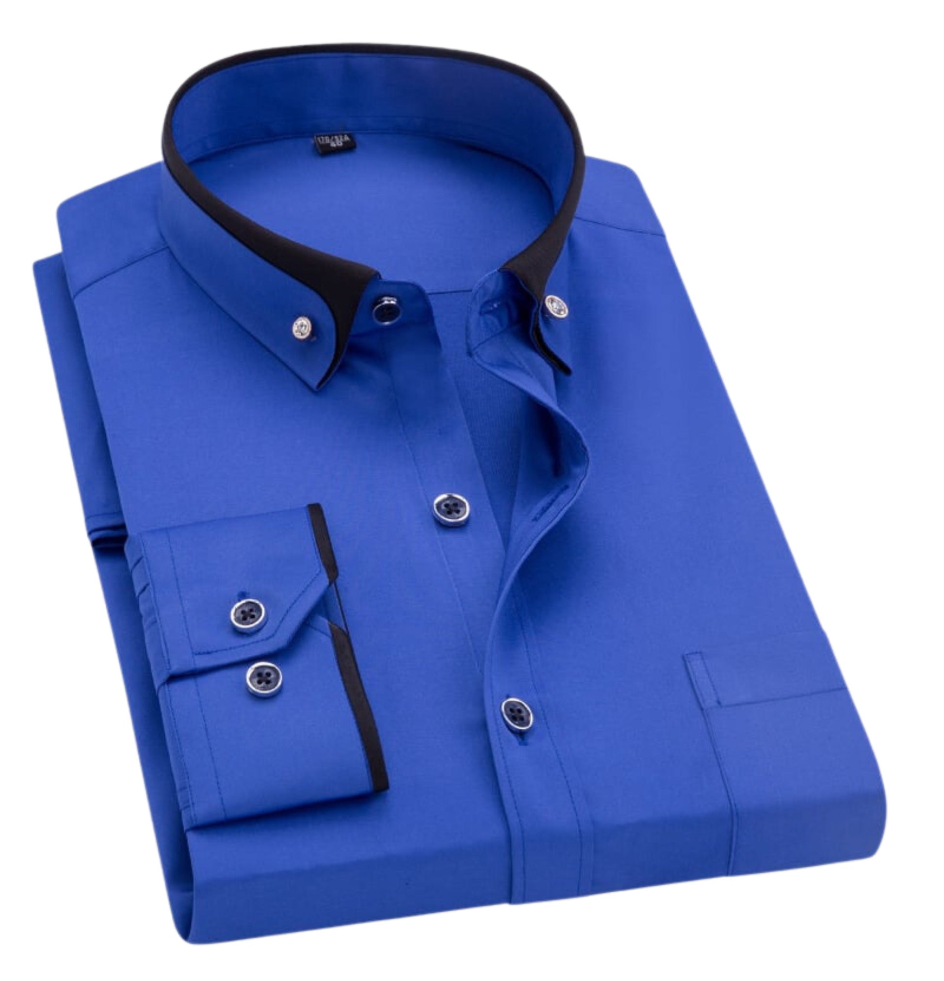 Blaues Herrenhemd mit schwarzem Kragen, gefaltet. Elegantes Design, Knopfleiste, lange Ärmel. Perfekt für Business und Freizeit. Hochwertige Baumwolle.